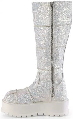 Demonia Shoes SLACKER-230 White Glitter Knee High Platform Boots