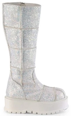 Demonia Shoes SLACKER-230 White Glitter Knee High Platform Boots