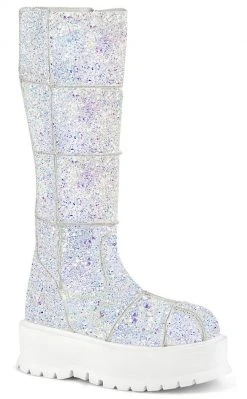 Demonia Shoes SLACKER-230 White Glitter Knee High Platform Boots