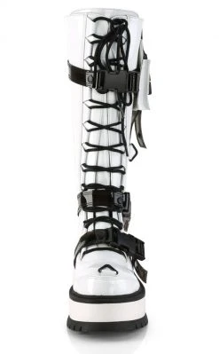 Demonia Shoes SLACKER-260 White Patent Knee High Platform Boots
