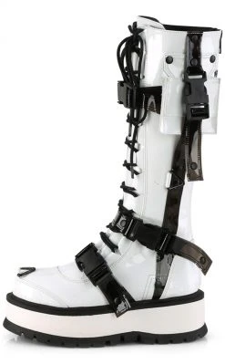 Demonia Shoes SLACKER-260 White Patent Knee High Platform Boots