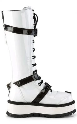 Demonia Shoes SLACKER-260 White Patent Knee High Platform Boots
