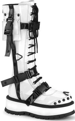 Demonia Shoes SLACKER-260 White Patent Knee High Platform Boots