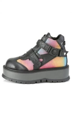 Demonia SLACKER-32 Black Rainbow Reflective Platform Ankle Boots