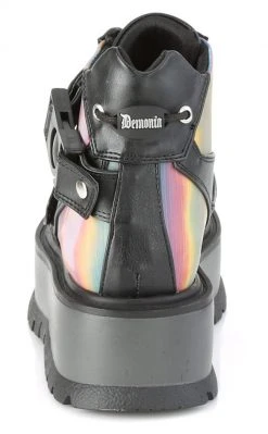 Demonia SLACKER-32 Black Rainbow Reflective Platform Ankle Boots