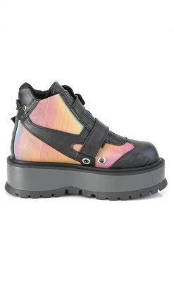 Demonia SLACKER-32 Black Rainbow Reflective Platform Ankle Boots