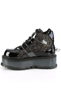 Demonia SLACKER-50 Black Patent/ Black Multi Glitter Ankle Boots Platform Shoes
