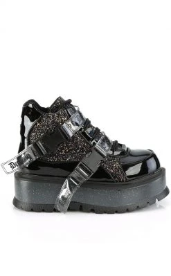 Demonia SLACKER-50 Black Patent/ Black Multi Glitter Ankle Boots Platform Shoes