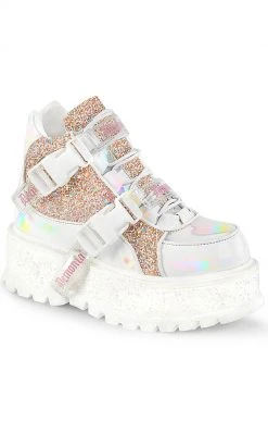 Demonia Platform Shoes SLACKER-50 White Holo/Multi Glitter Ankle Boots (Au Stock)