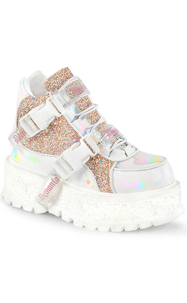 Demonia Platform Shoes SLACKER-50 White Holo/Multi Glitter Ankle Boots (Au Stock) 3 Demonia Platform Shoes SLACKER-50 White Holo/Multi Glitter Ankle Boots (Au Stock)