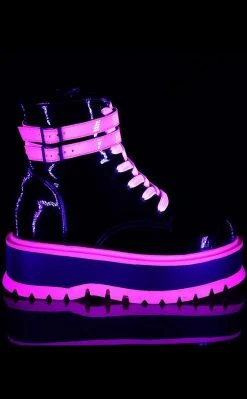 Demonia SLACKER-52 Black Patent & UV Pink Platform Ankle Boots Shoes