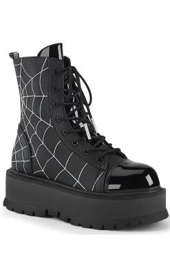 Demonia SLACKER-88 Black Spiderweb Vegan Leather Platform Ankle Boots