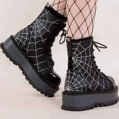 Demonia SLACKER-88 Black Spiderweb Vegan Leather Platform Ankle Boots