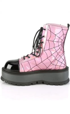Demonia SLACKER-88 Pink Holographic Spiderweb Platform Ankle Boots Shoes