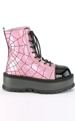 Demonia SLACKER-88 Pink Holographic Spiderweb Platform Ankle Boots Shoes