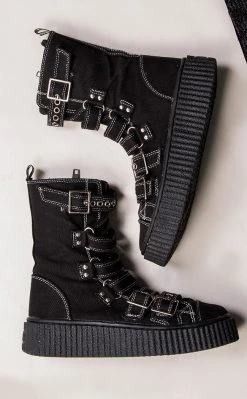 Demonia SNEEKER-318 Black Canvas Strapped Creeper Sneakers