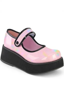 Demonia Shoes SPRITE-01 Pink Holo Patent Platform Mary Janes