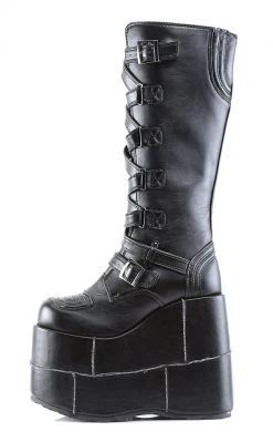Demonia STACK-308 Black Vegan Leather Platform Boots Shoes