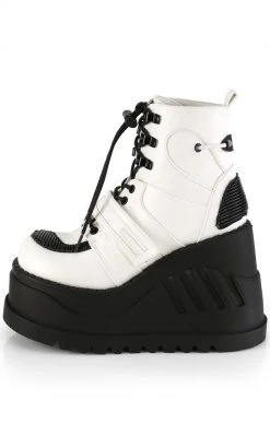 Demonia STOMP-13 White Vegan Leather Platform Ankle Boots