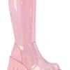 Demonia Shoes STOMP-200 Baby Pink Holographic Knee High Platform Boots