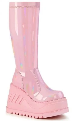 Demonia Shoes STOMP-200 Baby Pink Holographic Knee High Platform Boots