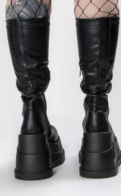 Demonia STOMP-200 Black Vegan Leather Knee High Platform Boots (Au Stock)