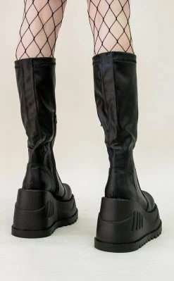 Demonia STOMP-200 Black Vegan Leather Knee High Platform Boots