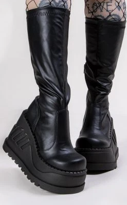 Demonia STOMP-200 Black Vegan Leather Knee High Platform Boots