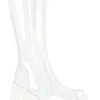 Demonia STOMP-200 White Holographic Knee High Platform Boots