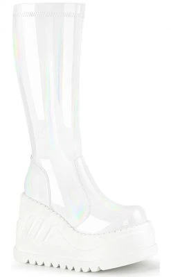 Demonia STOMP-200 White Holographic Knee High Platform Boots