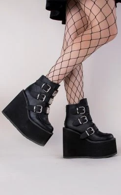 Demonia Shoes SWING-105 Black Vegan Leather Platform Ankle Boots
