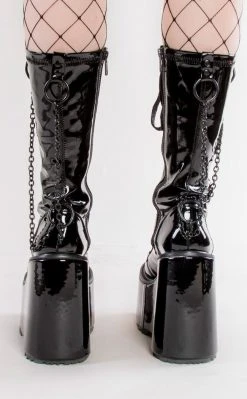 Demonia Shoes SWING-150 Black Patent Platform Knee High Boots