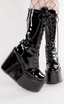 Demonia Shoes SWING-150 Black Patent Platform Knee High Boots