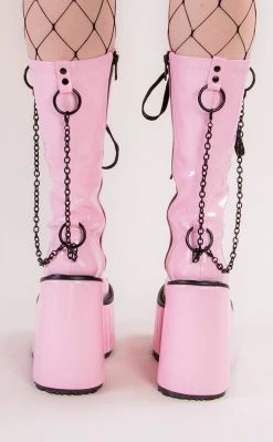 Demonia Shoes SWING-150 Pink Holographic Platform Knee High Boots