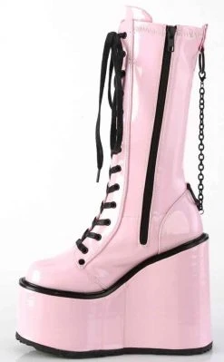 Demonia Shoes SWING-150 Pink Holographic Platform Knee High Boots