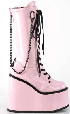Demonia Shoes SWING-150 Pink Holographic Platform Knee High Boots