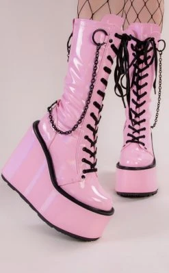 Demonia Shoes SWING-150 Pink Holographic Platform Knee High Boots
