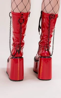 Demonia SWING-150 Red Holographic Platform Knee High Boots (Au Stock) Shoes