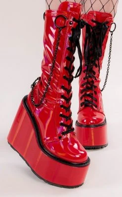 Demonia SWING-150 Red Holographic Platform Knee High Boots (Au Stock) Shoes