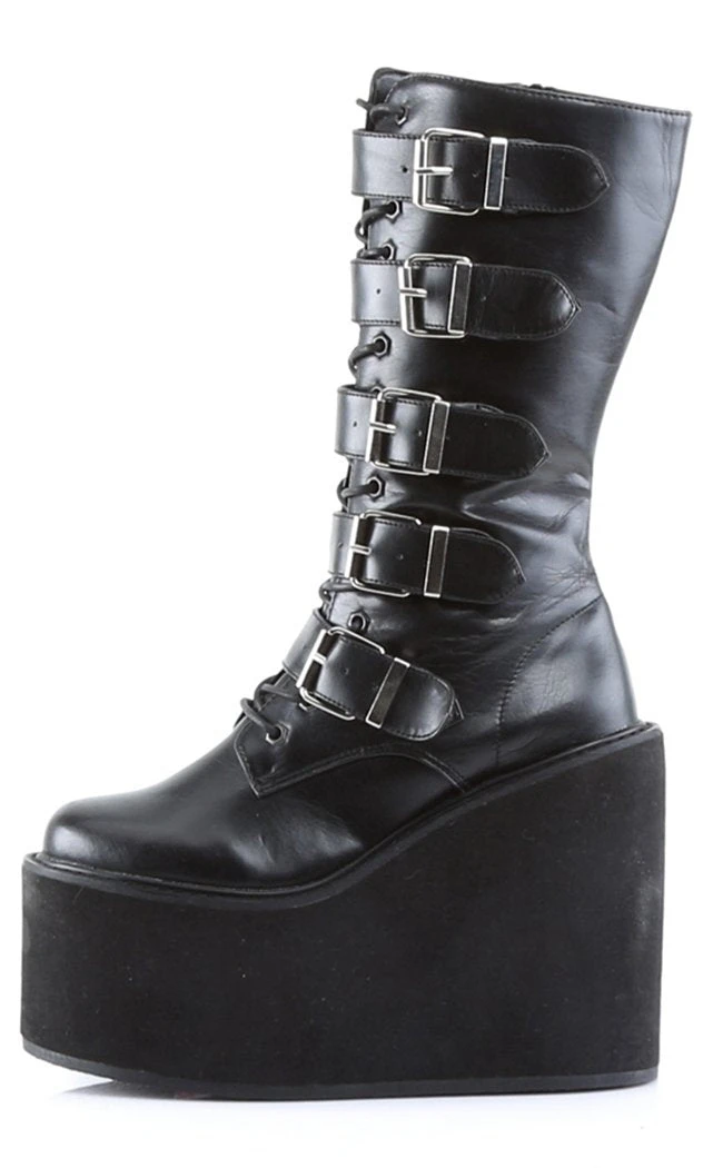 Demonia Shoes SWING-220 Black Vegan Leather Platform Knee High Boots 5 Demonia Shoes SWING-220 Black Vegan Leather Platform Knee High Boots