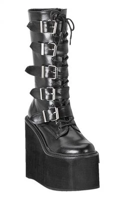 Demonia Shoes SWING-220 Black Vegan Leather Platform Knee High Boots