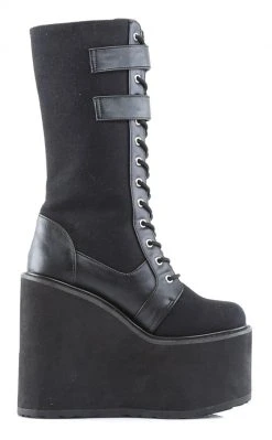 Demonia SWING-221 Black Canvas Platform Knee High Boots Shoes