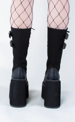 Demonia SWING-221 Black Canvas Platform Knee High Boots Shoes