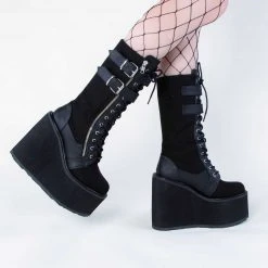 Demonia SWING-221 Black Canvas Platform Knee High Boots Shoes