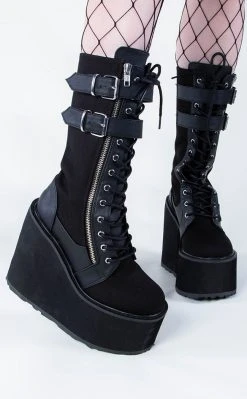 Demonia SWING-221 Black Canvas Platform Knee High Boots (Last Pair: Size 7)