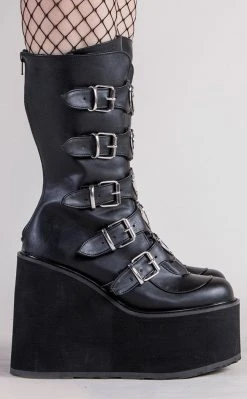 Demonia Shoes SWING-230 Black Vegan Leather Platform Mid-Calf Boots