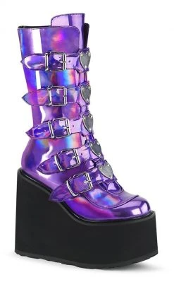 Demonia SWING-230 Purple Holographic Platform Mid-Calf Boots Shoes