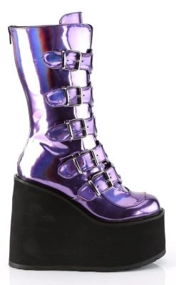 Demonia SWING-230 Purple Holographic Platform Mid-Calf Boots Shoes