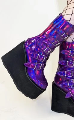 Demonia SWING-230 Purple Holographic Platform Mid-Calf Boots Shoes