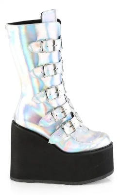 Demonia SWING-230 Silver Holographic Platform Mid-Calf Boots Shoes